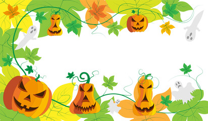 Beautiful evil Halloween pumpkins with leaves and ghosts