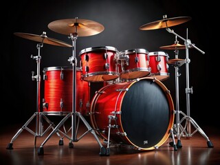 Vibrant red drum set on a sleek black background, gleaming metal hardware and rich wood grain, ready to rock with energetic rhythm and dynamic sound.