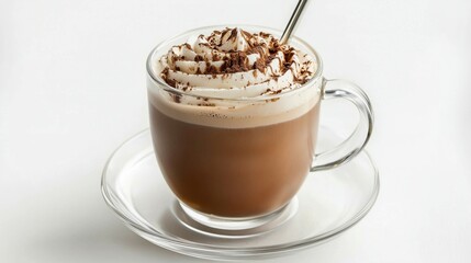 Glass cup of coffee in a glass saucer with whipped cream and chocolate with spoon inside it 