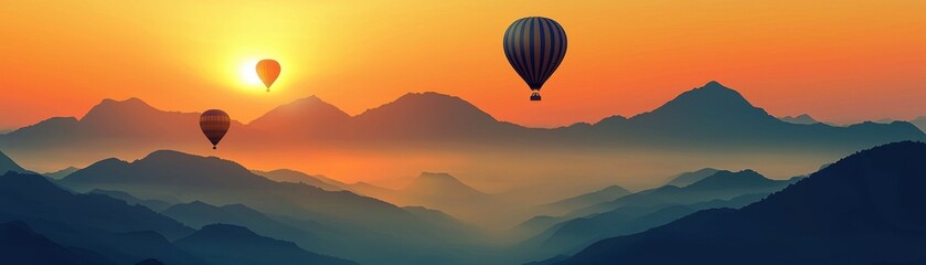 Fototapeta premium Hot air balloons drift gracefully over stunning mountain landscapes during a vibrant sunset, creating a breathtaking scene.
