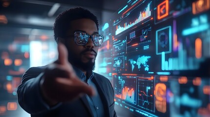 Businessman in futuristic glasses, digital data, technology