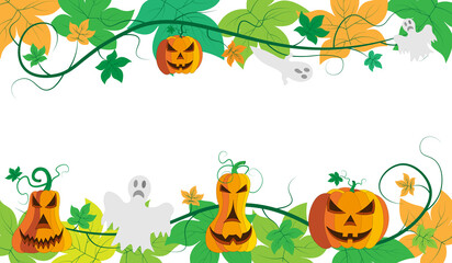 Beautiful evil Halloween pumpkins with leaves and ghosts