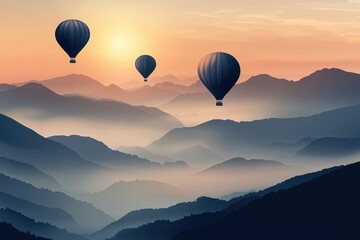 Fototapeta premium Serene landscape featuring hot air balloons over misty mountains at sunrise, perfect for travel and adventure themes.