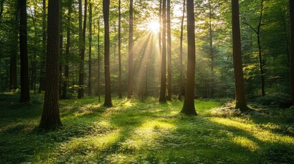 Obraz premium A serene forest scene with sunlight filtering through the tall trees, casting dappled light on a lush green floor.
