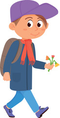 Boy go to school. Smiling cartoon kid with flower bouquet