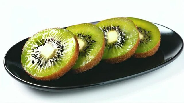 A fresh kiwi slices, showcasing the vibrant green flesh and tiny black seeds, served on black plate, isolated on white background