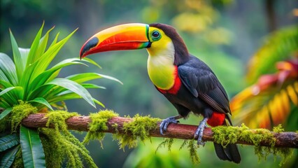 Fototapeta premium Vibrant toucan perches on a lush green branch, showcasing its brightly colored beak and plumage against a blurred background of tropical rainforest foliage.