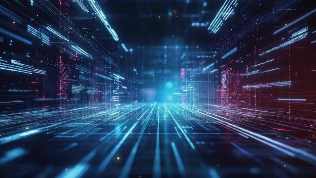 Abstract Digital Corridor with Glowing Lines and Particles - Futuristic Technology Background Animation