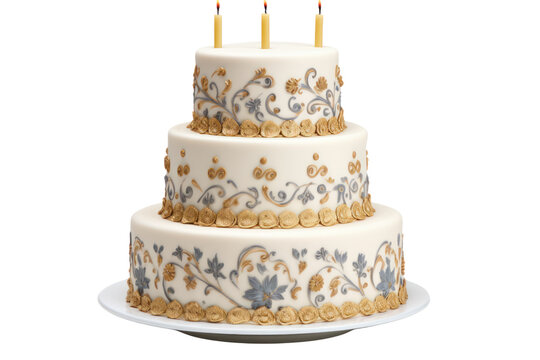 A beautifully decorated three-tier birthday cake isolated on white background