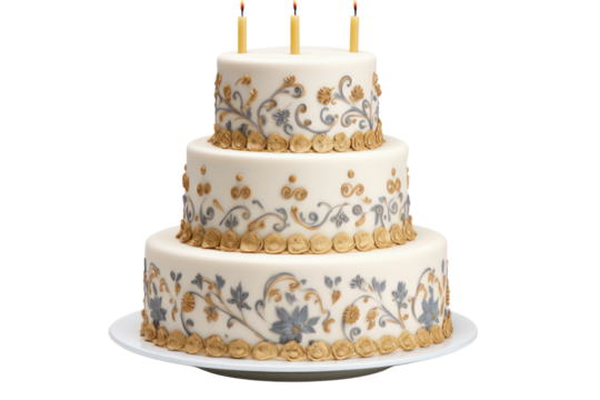 A beautifully decorated three-tier birthday cake isolated on white background