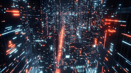 Fototapeta premium Data rays shoot through the maze of city buildings connecting businesses and individuals across the district.