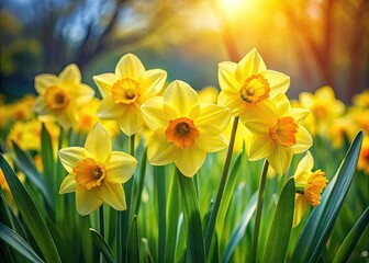 Obraz premium Vibrant yellow daffodils sway gently in the soft, warm breeze, surrounded by lush greenery, capturing the essence of spring's joyful rebirth and new beginnings.