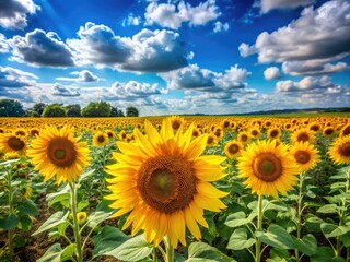 Fototapeta premium Vibrant yellow sunflowers stretch towards the sky, surrounded by lush green fields and a clear blue summer sky with wispy white clouds.
