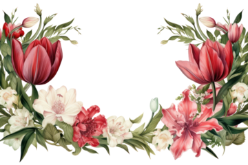 A classic floral border featuring red tulips, white lilies, and pink peonies isolated on white background