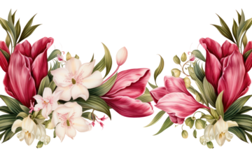 A classic floral border featuring red tulips, white lilies, and pink peonies isolated on white background