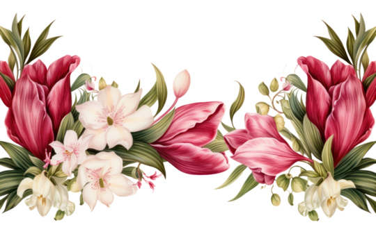 A classic floral border featuring red tulips, white lilies, and pink peonies isolated on white background
