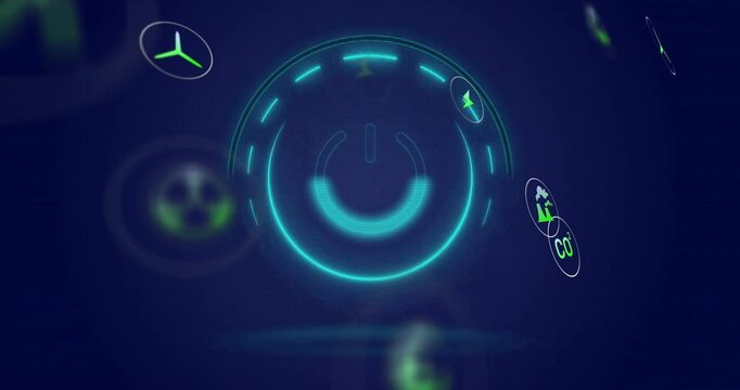 Power button and energy icons animation over dark blue background