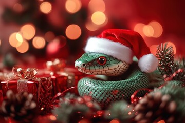 Obraz premium A Green Wooden Snake wearing a Santa Claus hat surrounded by gifts and a Christmas tree on red bokeh Background
