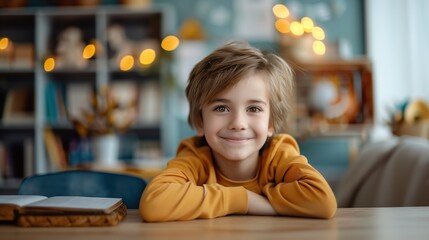 cute schoolboy sitting at the desk, smiling, looking at the camera during the lesson