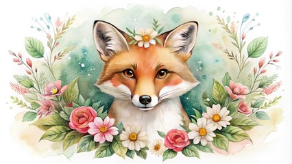 Obraz premium Whimsical hand-drawn illustration of a curious fox peering out from behind a blooming floral wreath, surrounded by loose sketch lines and soft watercolor textures.