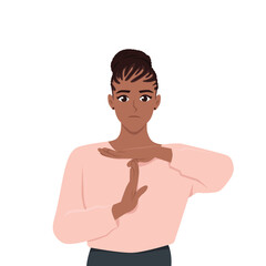 Fototapeta premium Woman making time out gesture asking to end. Flat vector character illustration