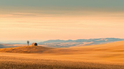Obraz premium Golden Sunset Over Rolling Hills with Windmill and Farmhouse