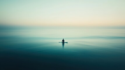 Fototapeta premium Surfer on Calm Sea at Dawn