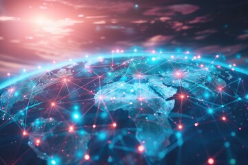 Obraz premium Global communication technology linking IoT finance business security worldwide.