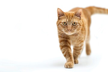 Fototapeta premium A curious orange cat exploring a clean white space
