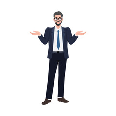 Young man standing with shoulders raised and palms up confused. Flat vector character illustration