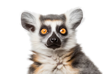 A close-up shot of a lemur cat showing its unique fur pattern and large ears, isolated on white background.