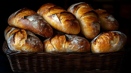 A basket overflowing with freshly baked loaves of bread.