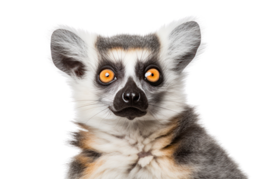 A close-up shot of a lemur cat showing its unique fur pattern and large ears, isolated on white background.