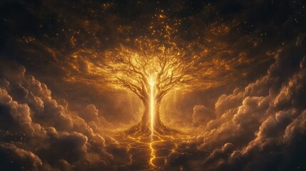 Obraz premium Golden Tree of Light in the Sky Celestial Landscape Fantasy Art