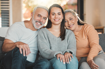 Senior parents, woman and home portrait, weekend visit and relax together for bonding. Retirement, proud daughter and love family in Argentina, happiness and care for relationship security on sofa