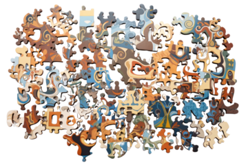 A collection of jigsaw puzzle pieces in various shapes and colors spread out randomly isolated on white background