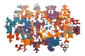 A collection of jigsaw puzzle pieces in various shapes and colors spread out randomly isolated on white background