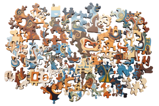 A collection of jigsaw puzzle pieces in various shapes and colors spread out randomly isolated on white background
