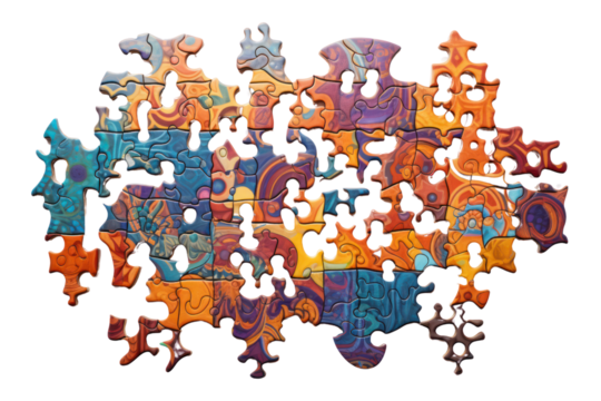 A collection of jigsaw puzzle pieces in various shapes and colors spread out randomly isolated on white background