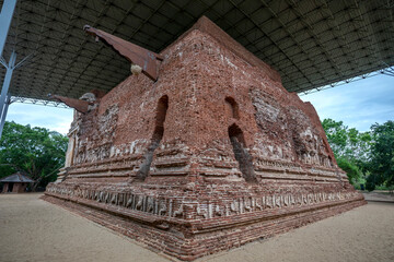 A section of the exterior walls of the Tivanka Image House (three bends) at Polonnaruwa in Sri Lanka. Also known as the Image House of Jetavanarama it was built by King Parakramabahu the Great