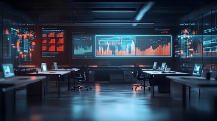 Empty Tech Office with Data and Graphs on Monitors
