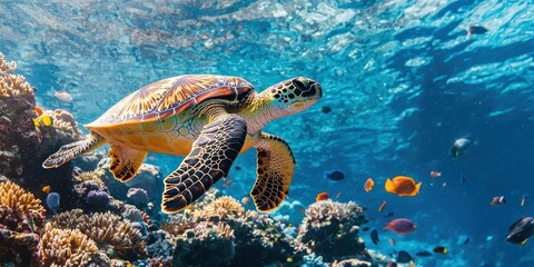 Sea Turtle Swimming Through Coral Reef with Tropical Fish
