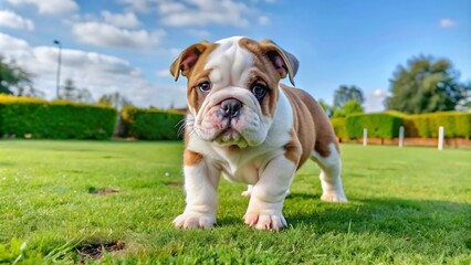 English Bulldog Puppy Walking on the Lawn