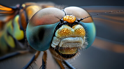 A close up of a dragonfly's face, showing its large compound eyes and intricate facial features.