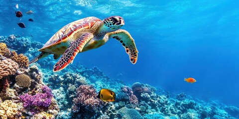 Fototapeta premium Sea Turtle Swimming Over Coral Reef in Tropical Ocean