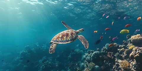 Naklejka premium Sea Turtle Swimming Over Coral Reef with Fish and Sunbeams