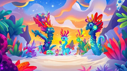 Fototapeta premium A vibrant, colorful landscape featuring fantastical creatures amidst lush vegetation at sunset.