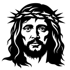 Jesus silhouette. Jesus' face on a cross with a crown of thorns. vector set, Logo, Icon, and T-shirt design. black and white Vector illustration