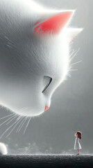 A minimalist movie poster featuring an adorable white cat with pink ears, looking down at the ground in profile against a clean gray background. A tiny girl figure stands next to the cat, adding warmt