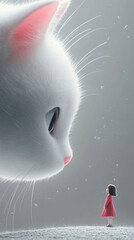 A minimalist movie poster featuring an adorable white cat with pink ears, looking down at the ground in profile against a clean gray background. A tiny girl figure stands next to the cat, adding warmt